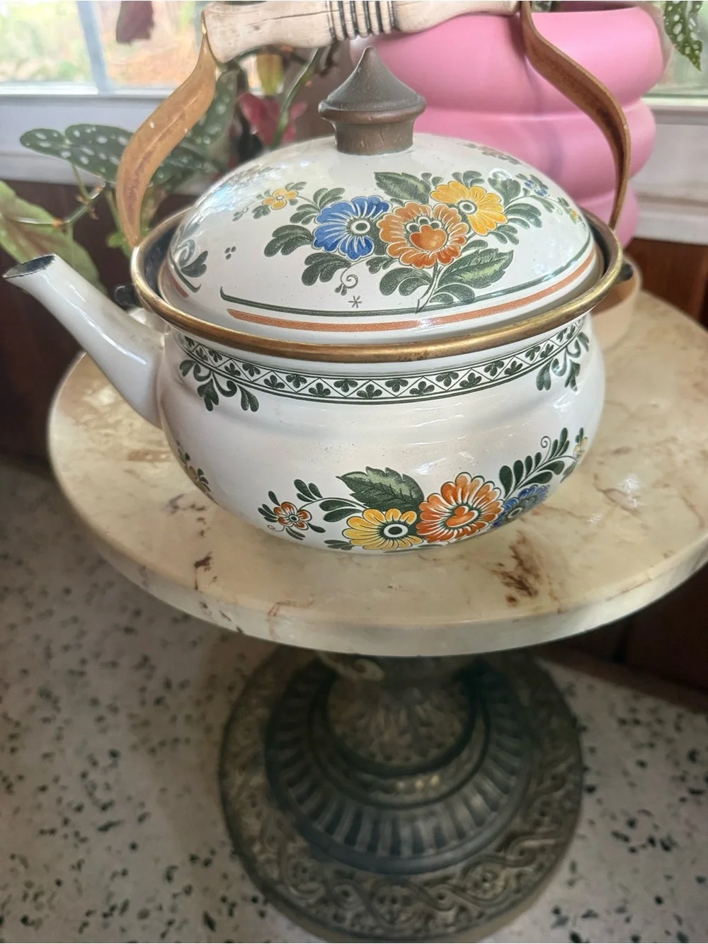 Vintage ASTA Floral Enamel Tea Kettle with Wood AND brass Handle